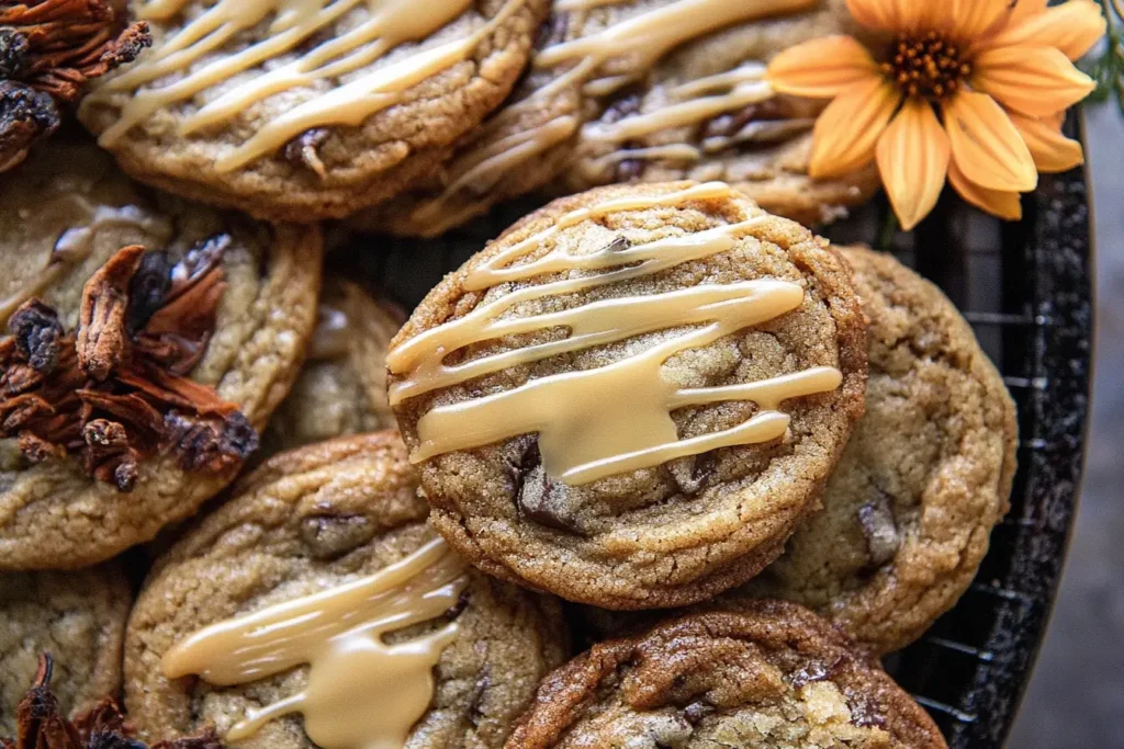 A tray of maple cookies drizzled with glaze, paired with vibrant autumn flowers for a warm and inviting presentation.