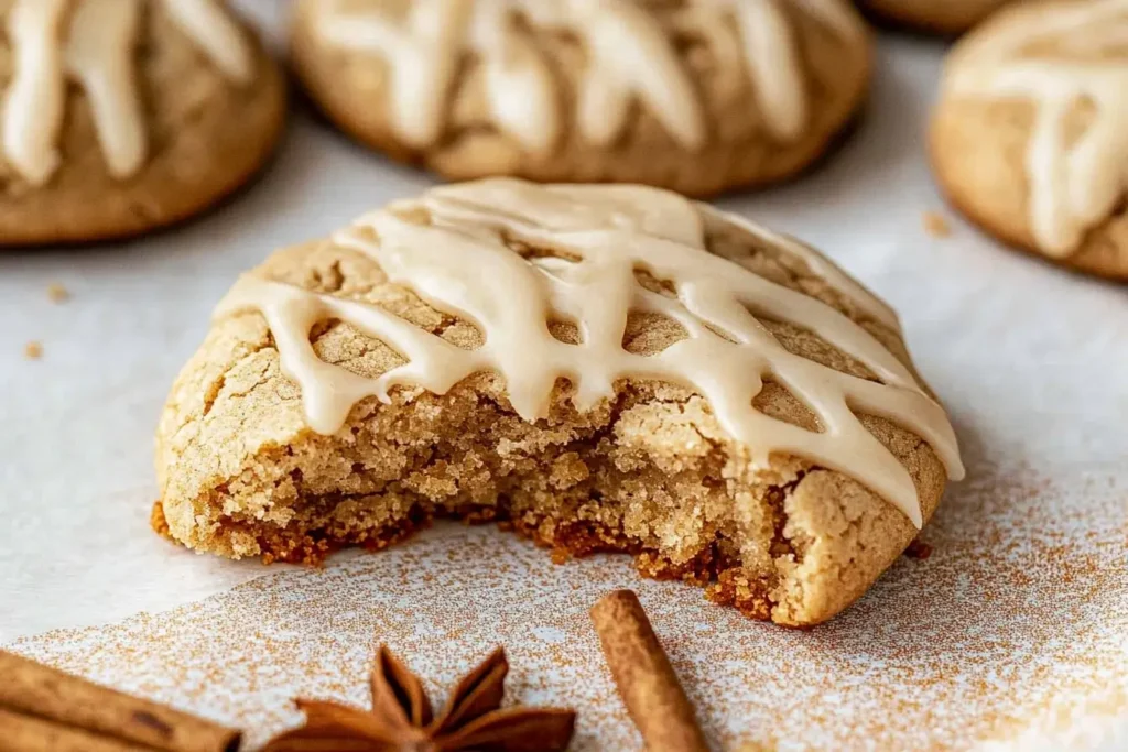 Soft maple cookies drizzled with maple frosting, surrounded by cinnamon sticks and star anise for a cozy, spiced presentation.