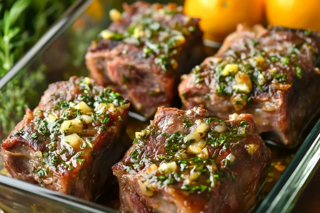 Close-up of marinated beef short ribs in a glass dish, topped with a mixture of fresh garlic, parsley, and herbs, glistening with olive oil, creating a vibrant and flavorful presentation.