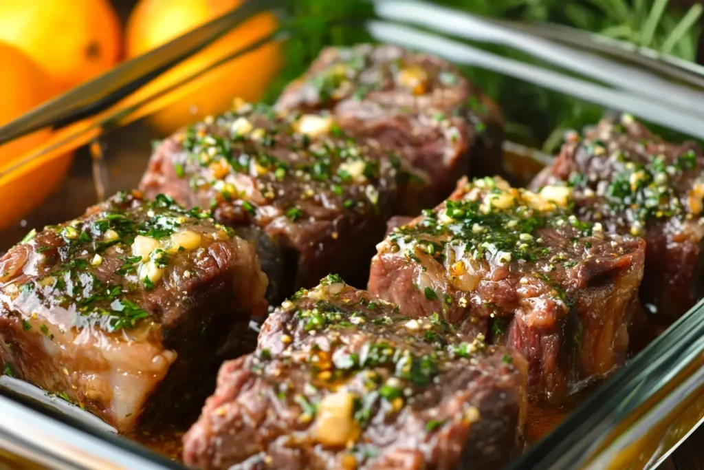 Close-up of marinated beef short ribs in a glass dish, topped with fresh herbs, minced garlic, and a savory marinade, with vibrant oranges and greenery in the background, showcasing a fresh and appetizing preparation.