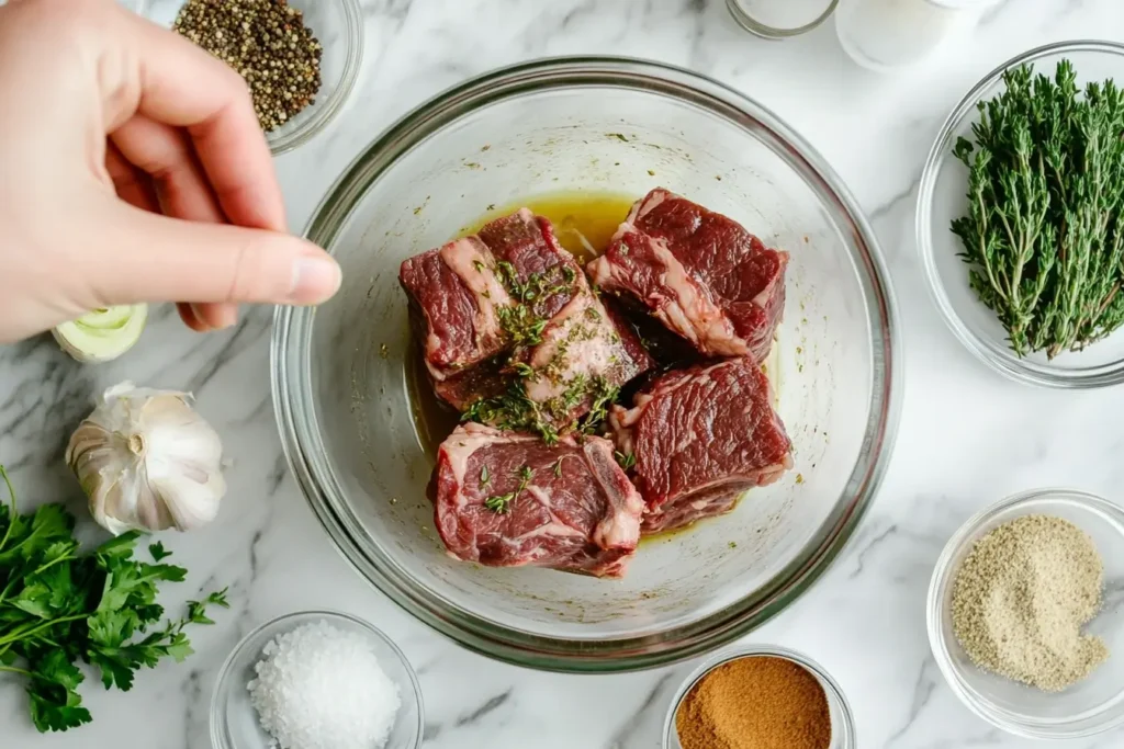 A step-by-step shot of marinating beef short ribs with oxtail seasoning in a glass bowl, surrounded by fresh spices and herbs.