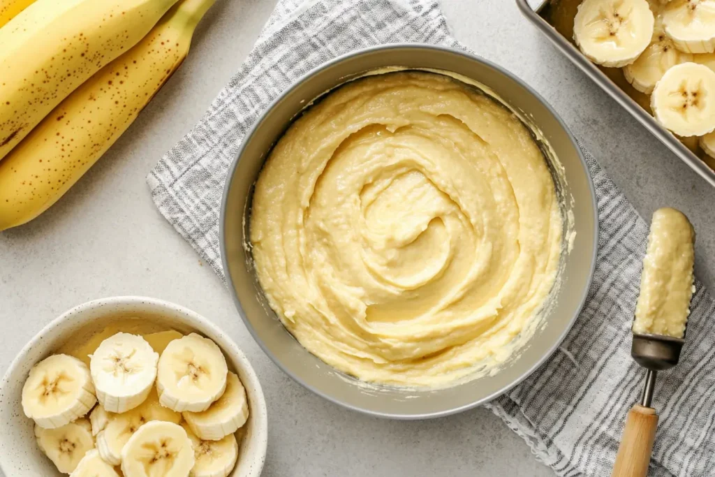 A mixing bowl filled with smooth banana bread batter, surrounded by ripe bananas and sliced banana pieces, displayed on a neutral background with a textured towel.