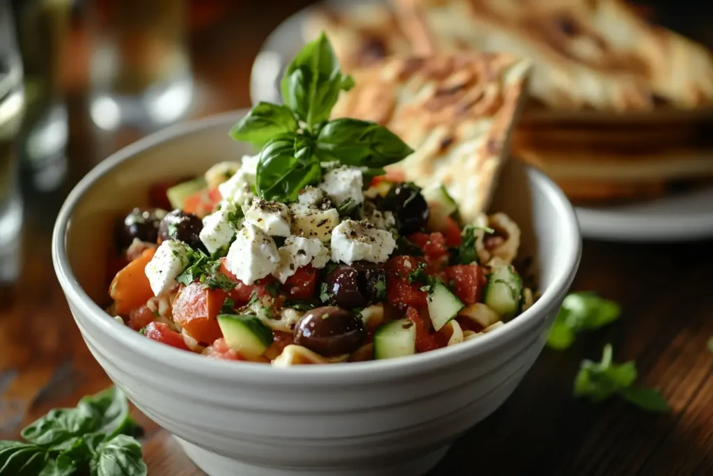 Close-up of a Mediterranean-style cucumber tomato pasta salad with feta cheese, kalamata olives, fresh basil, and a side of pita bread.