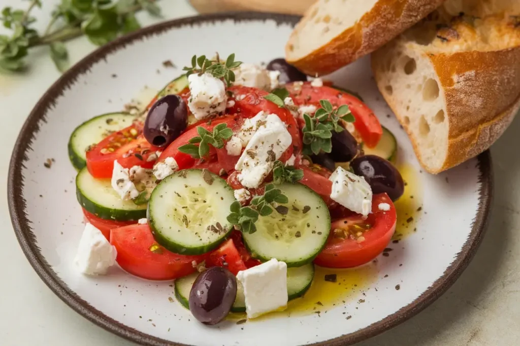 A Mediterranean-style cucumber and tomato salad topped with olives, feta cheese, oregano, and a drizzle of olive oil, served with crusty bread.