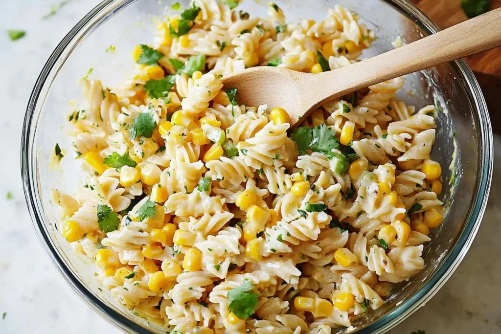 A freshly mixed Mexican Street Corn Pasta Salad in a glass bowl, with rotini pasta, corn, cilantro, and a creamy dressing ready to serve.