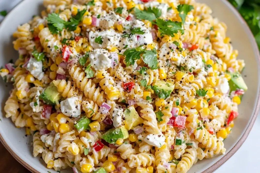 A vibrant bowl of Mexican Street Corn Pasta Salad featuring rotini pasta, diced avocado, red bell peppers, corn, and a creamy dressing, garnished with cilantro and feta cheese.