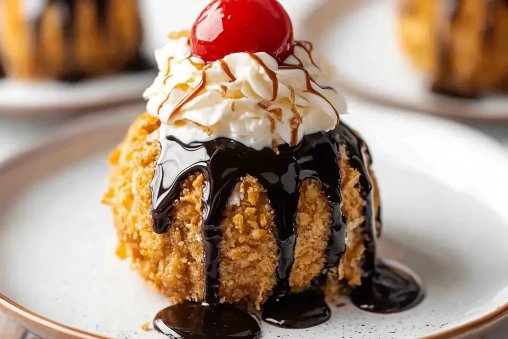 Close-up of Mexican Fried Ice Cream topped with chocolate syrup, whipped cream, and a cherry, showcasing the crispy coating and creamy center.