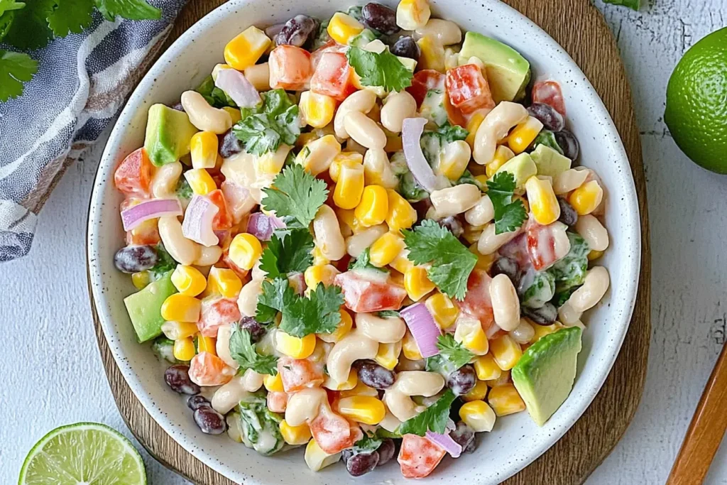 Mexican macaroni salad with black beans, corn, diced avocado, red onions, and cherry tomatoes, garnished with fresh cilantro in a white bowl.