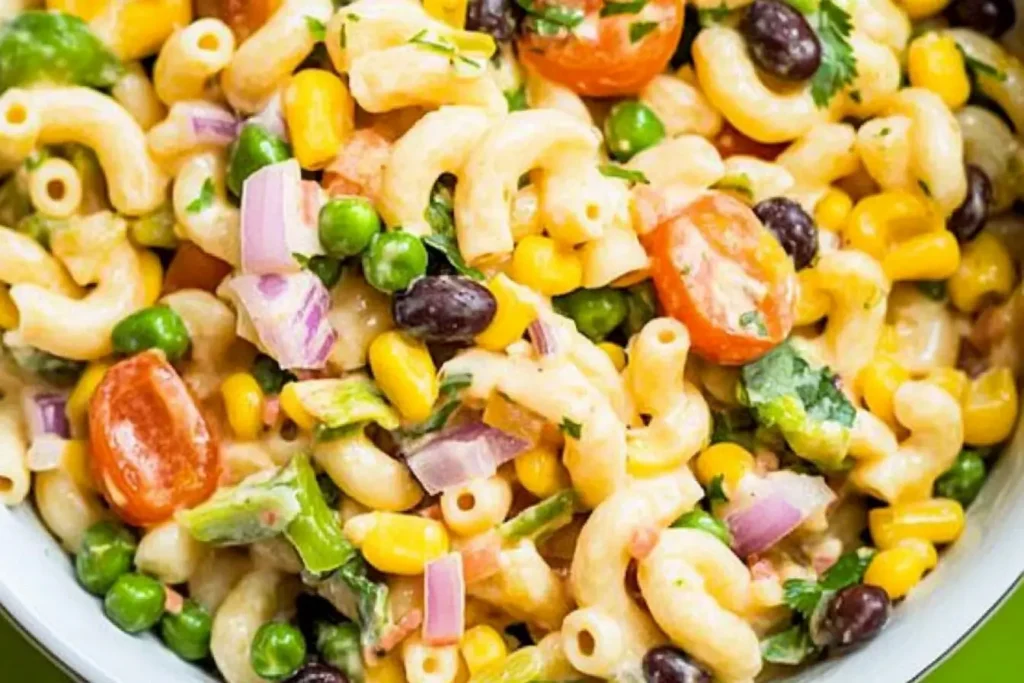 A bowl of Mexican macaroni salad with cherry tomatoes, peas, black beans, corn, and onions, mixed with creamy dressing and garnished with cilantro.