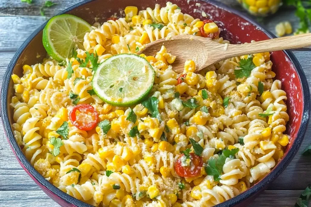 A colorful Mexican Street Corn Pasta Salad with lime slices, cherry tomatoes, and cotija cheese, served in a rustic bowl with a wooden spoon.