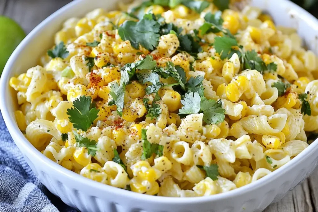 A close-up view of creamy Mexican Street Corn Pasta Salad topped with fresh cilantro, chili powder, and corn kernels in a white bowl.