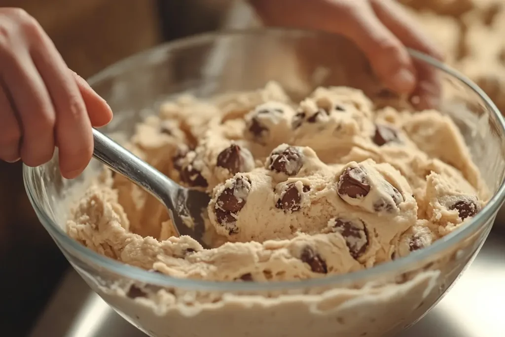 Close-up of hands mixing Cool Whip cookie dough with chocolate chips in a glass bowl, showing a smooth and creamy texture.