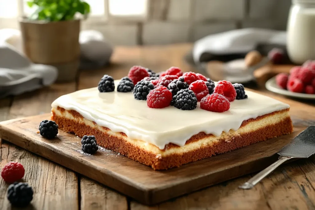 Moist and fluffy kefir sheet cake topped with a light glaze and fresh berries, served on a rustic table with a cozy kitchen backdrop.