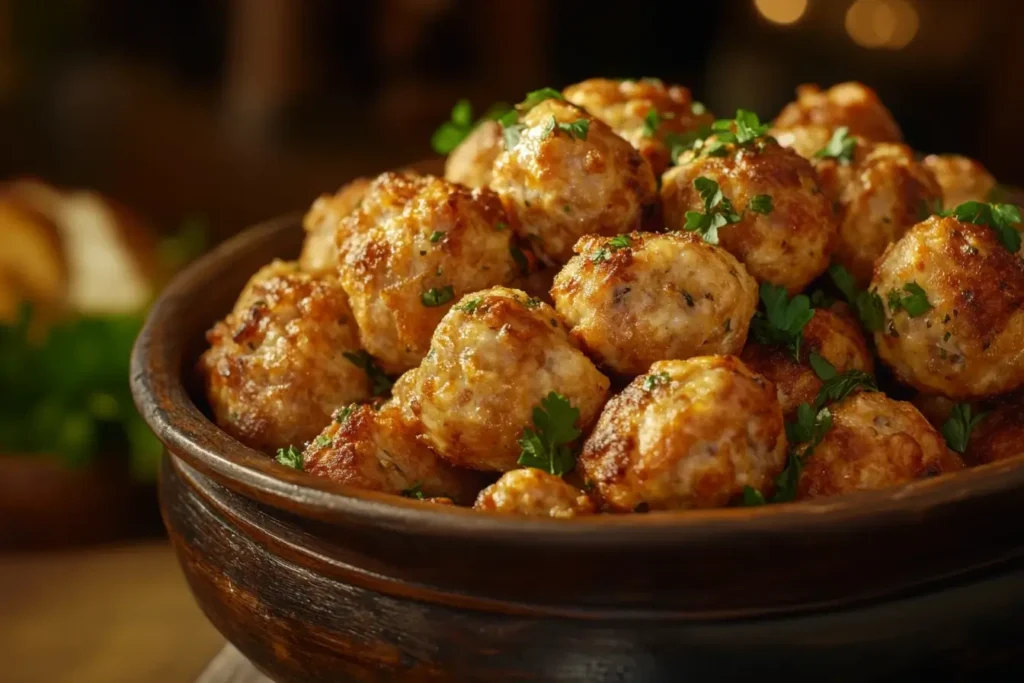 A rustic bowl filled with golden, perfectly cooked sausage balls garnished with parsley, showcasing their moist and tender texture.