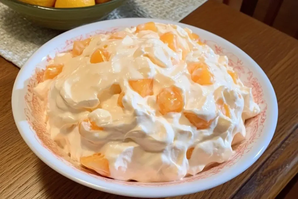 A bowl of creamy Orange Dreamsicle Salad with visible chunks of mandarin oranges, served in a decorative white dish on a wooden table.