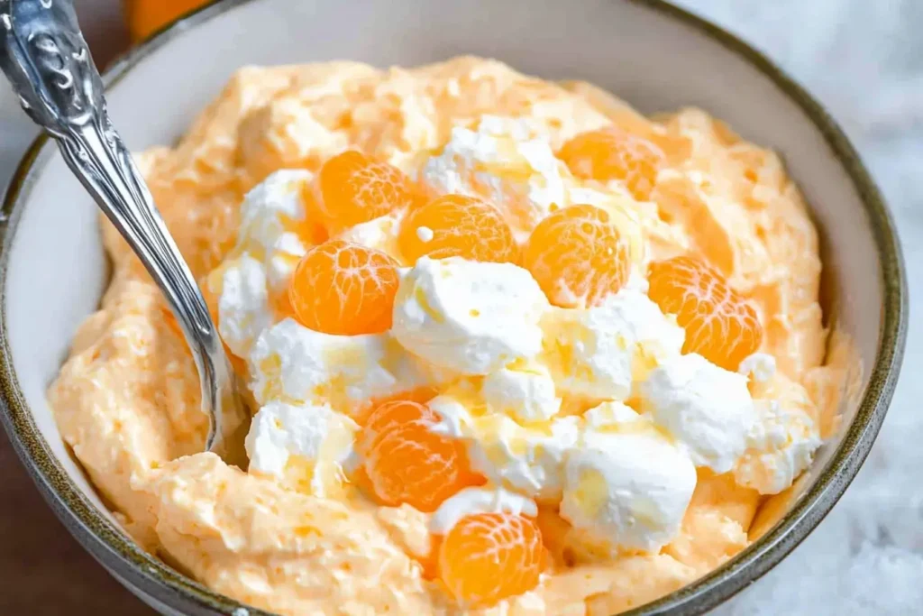 A bowl of Orange Dreamsicle Salad topped with whipped cream and whole mandarin orange segments, with a silver spoon ready to serve.