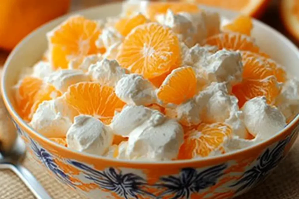 A close-up of Orange Dreamsicle Salad with whole mandarin orange segments and whipped topping in a decorative orange-patterned bowl.