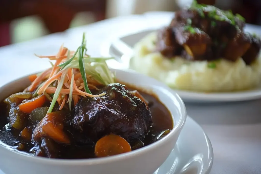 dishes of oxtail stew and braised short ribs .