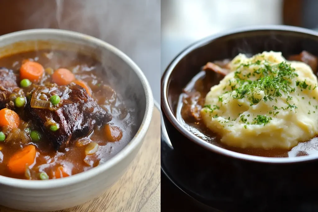 Side-by-side dishes of oxtail stew and braised short ribs, showcasing their distinct flavors and textures with vibrant garnishes.