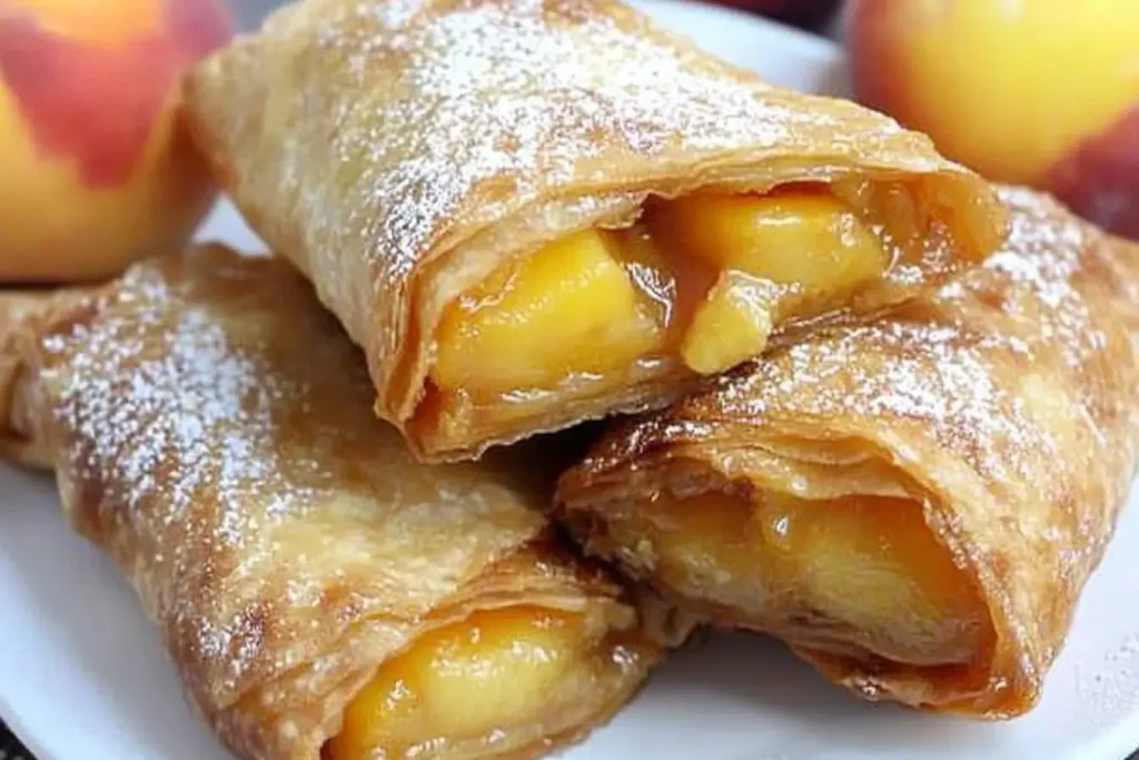 Close-up of Peach Cobbler Egg Rolls with golden, flaky wrappers and sweet peach filling, dusted with powdered sugar, served on a white plate.