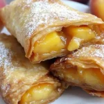 Close-up of Peach Cobbler Egg Rolls with golden, flaky wrappers and sweet peach filling, dusted with powdered sugar, served on a white plate.