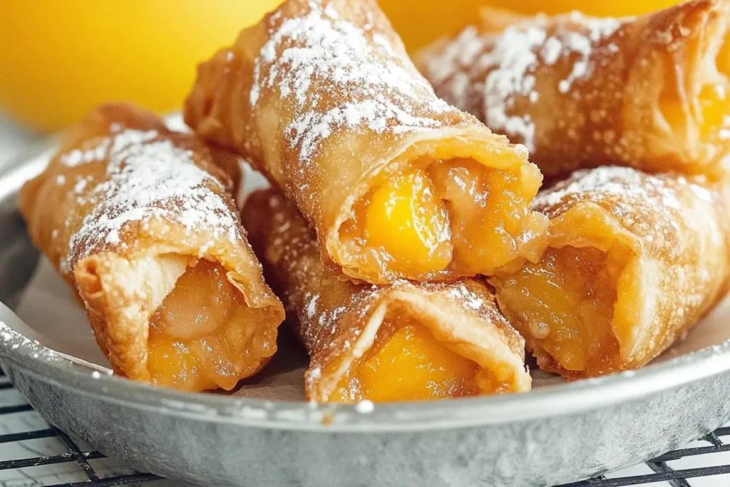 Peach Cobbler Egg Rolls arranged on a platter with sugar dusting and vibrant peach slices in the background.