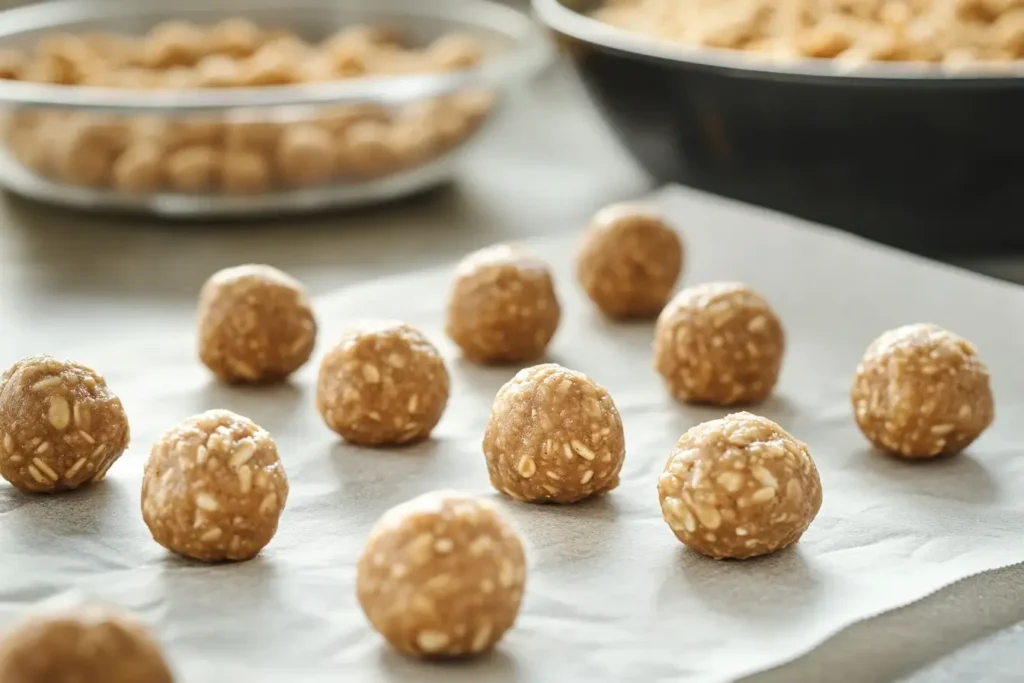 Uncoated peanut butter balls rolled and placed on parchment paper, with bowls of the peanut butter mixture in the background.