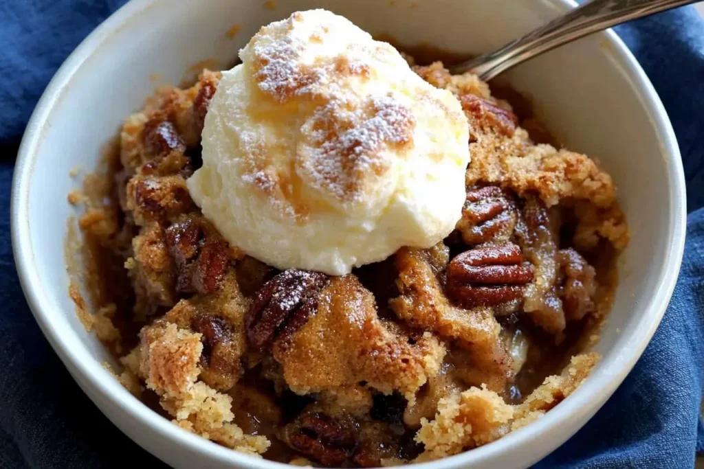 A warm bowl of pecan pie cobbler topped with a scoop of vanilla ice cream and lightly dusted with powdered sugar, perfect for dessert.
