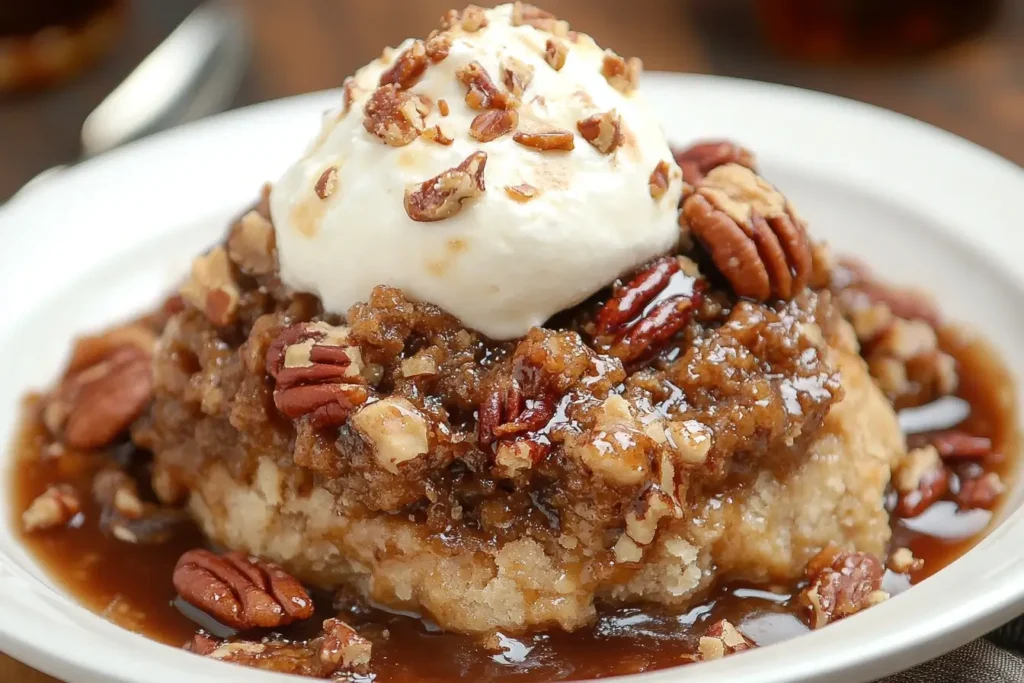 A serving of pecan pie cobbler on a white plate, topped with whipped cream, caramel drizzle, and toasted pecans for a rich and indulgent presentation.