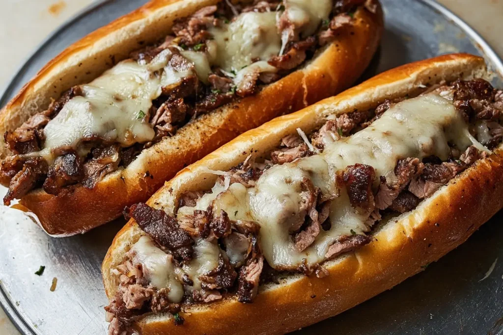 Close-up of a classic Philly cheesesteak sandwich with thinly sliced beef, melted cheese, and a soft hoagie roll, served on a silver plate.