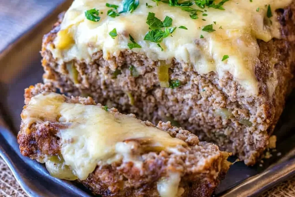 Philly cheesesteak meatloaf slice revealing layers of ground beef, melted cheese, and bell peppers, garnished with fresh parsley for added flavor.