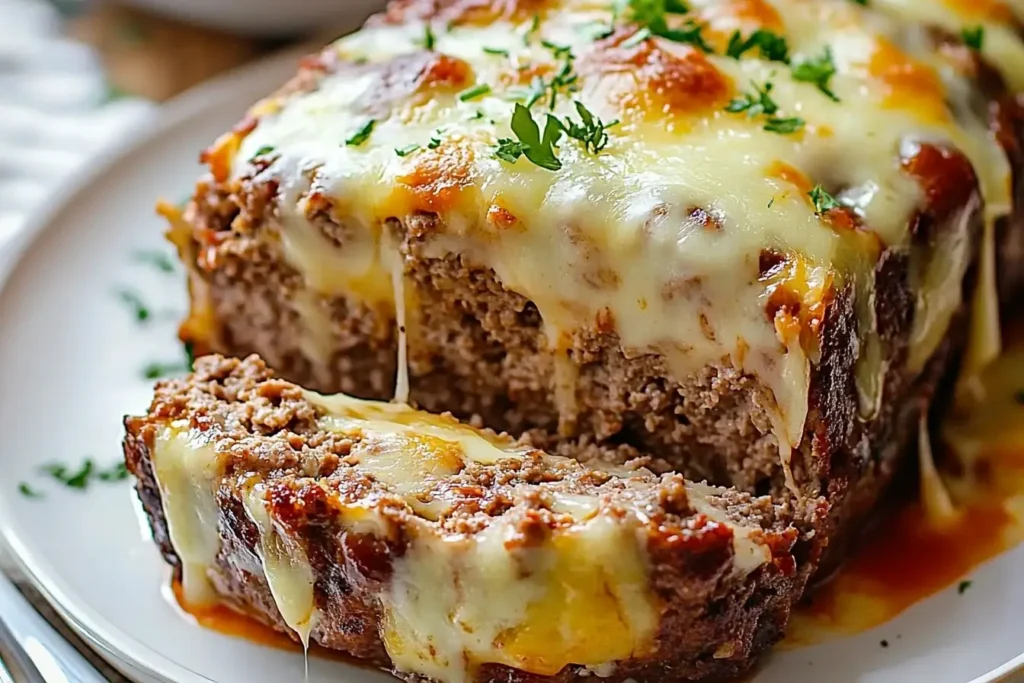 A whole Philly cheesesteak meatloaf topped with golden, melted cheese and fresh parsley, showcasing a gooey and savory texture perfect for sharing.