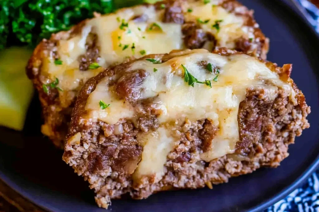 Close-up of a slice of Philly cheesesteak meatloaf with melted cheese and fresh parsley on top, served alongside greens for a hearty and flavorful meal.