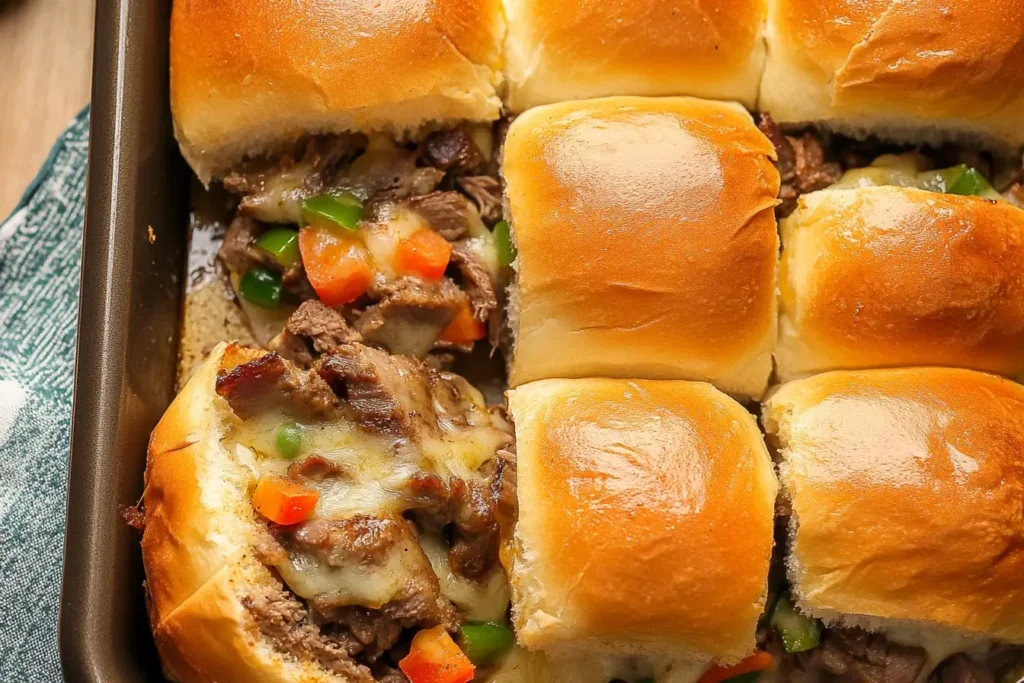 Freshly baked Philly Cheesesteak Sliders in a baking pan with melted cheese, sautéed peppers, and tender beef. Perfect for gatherings or weeknight meals.