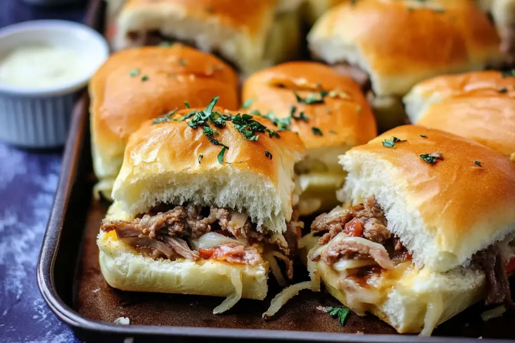 Philly Cheesesteak Sliders arranged on a serving tray, garnished with fresh parsley and ready to serve with dipping sauce.