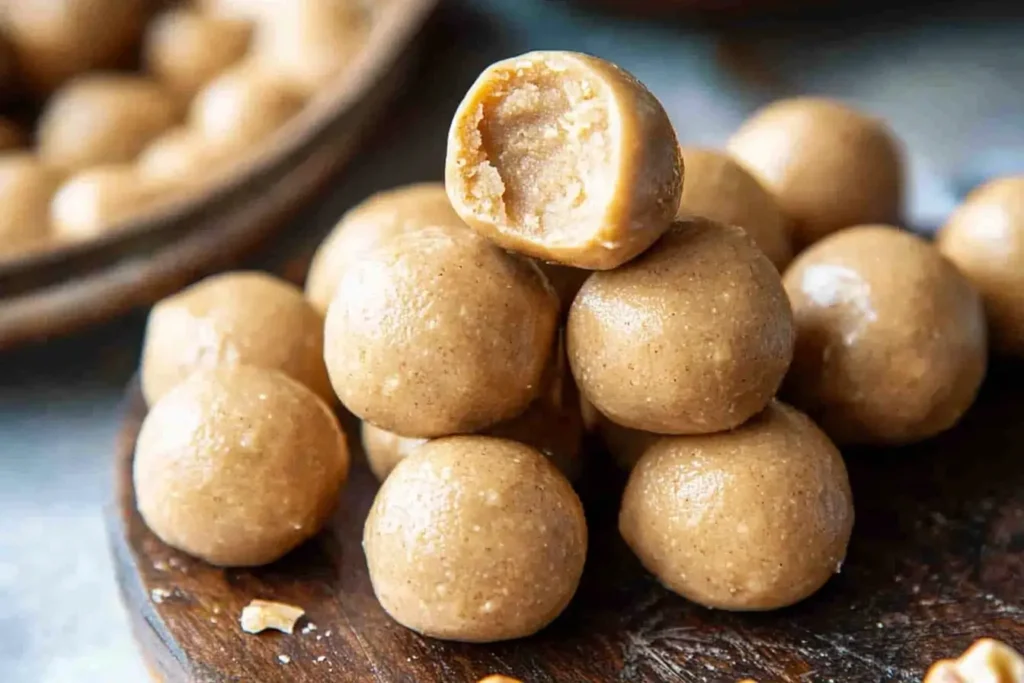 A stack of smooth, uncoated peanut butter balls with a soft, creamy texture, placed on a rustic wooden surface.