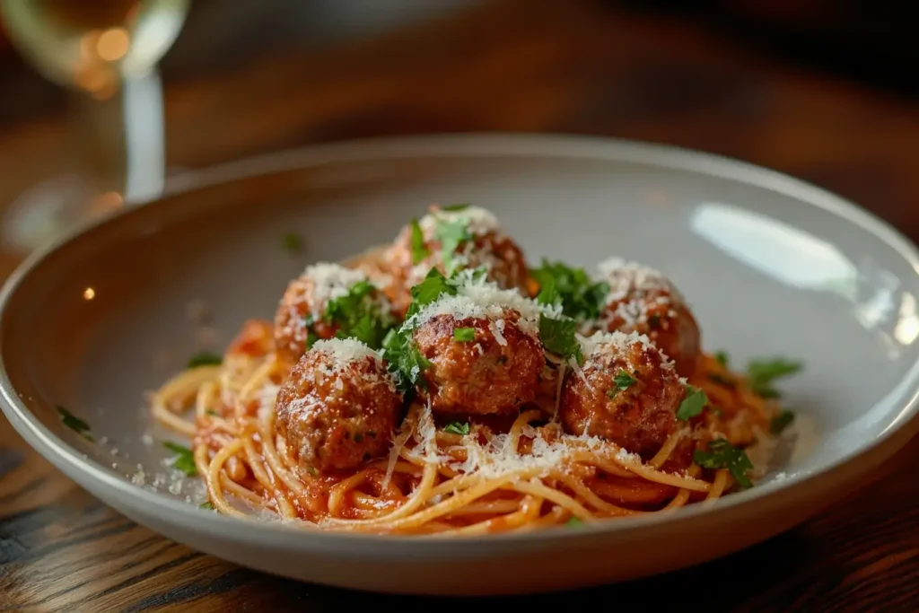 Close-up of spaghetti topped with meatballs, garnished with Parmesan and fresh parsley, served in a bowl for a warm and appetizing presentation.