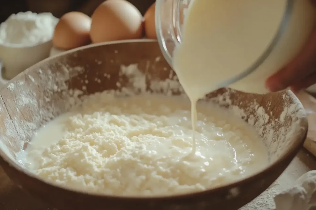 A baker pouring kefir into a mixing bowl with cake batter ingredients