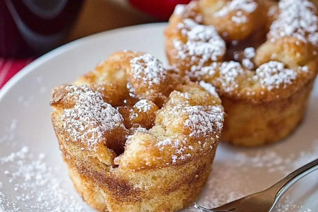 Cinnamon sugar French toast muffins topped with powdered sugar, served on a white plate for an elegant presentation.