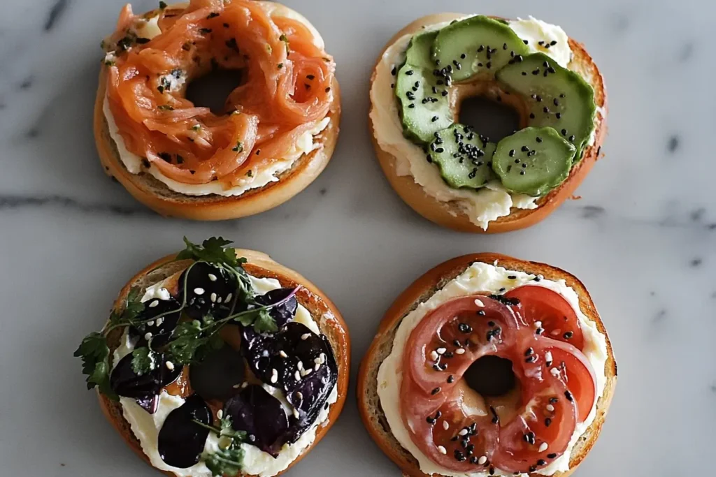 Four bagels topped with smoked salmon, avocado, tomato slices, and fresh greens, offering a selection of premium, nutrient-rich toppings.