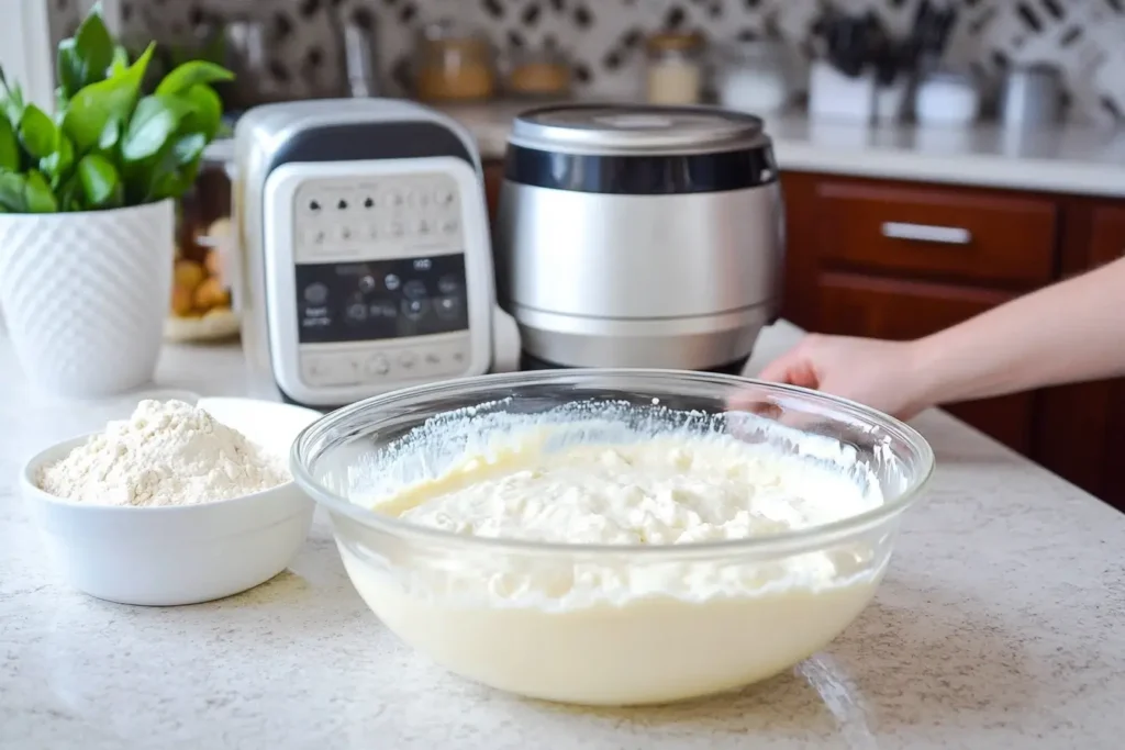 A baker mixing wet ingredients for kefir sheet cake in a glass bowl.