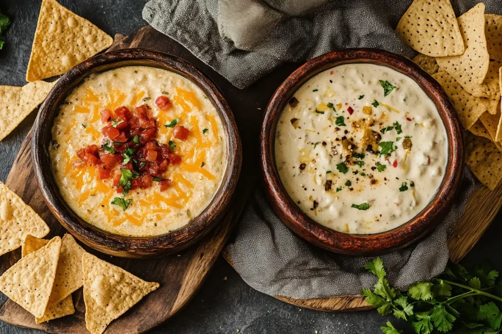 Side-by-side comparison of queso dip and cheese dip in rustic bowls, surrounded by tortilla chips, showcasing their distinct textures and garnishes.