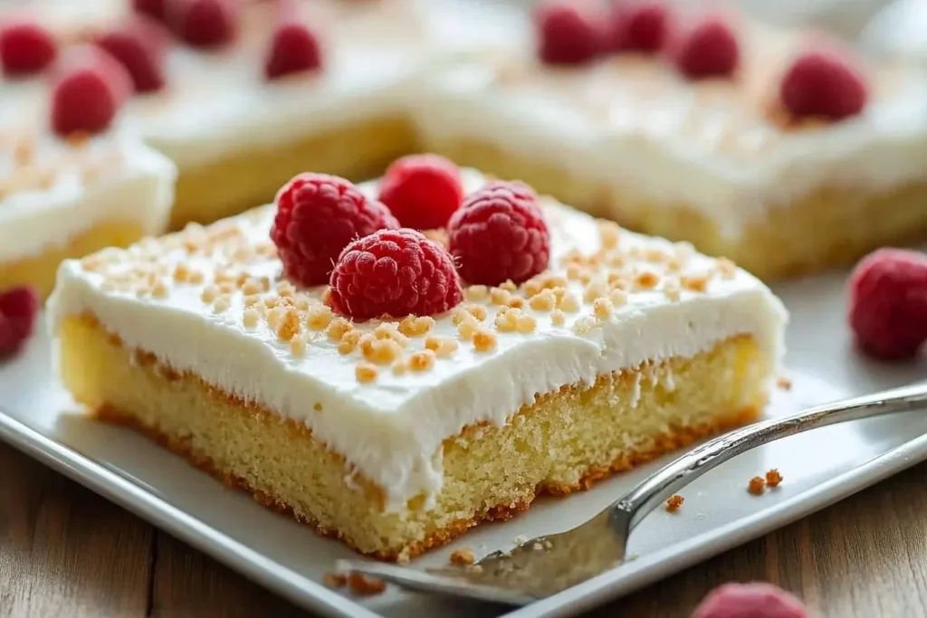 A slice of kefir sheet cake with creamy frosting, topped with fresh raspberries and a sprinkle of crumble, served on a white plate.