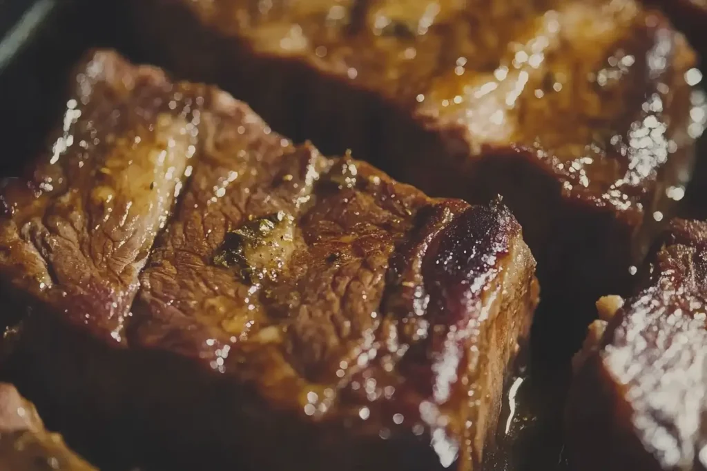 Close-up view of perfectly braised beef short ribs, showcasing their rich, golden-brown crust and glistening juices, highlighting the tender and flavorful texture.