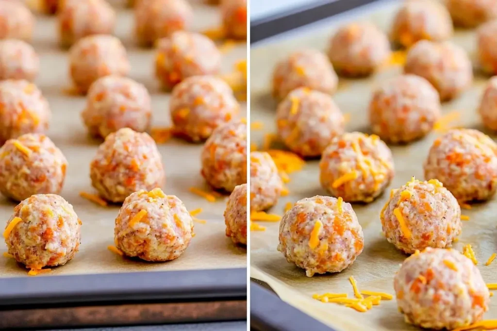 Rows of unbaked cream cheese sausage balls topped with shredded cheddar cheese, arranged on a parchment-lined baking tray.