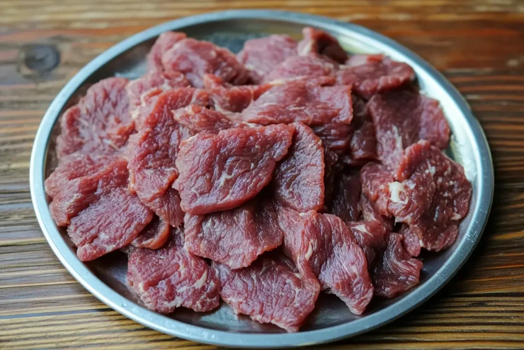 Fresh, thinly sliced ribeye steak pieces displayed on a metal plate, showcasing marbling and quality for a Philly cheesesteak.