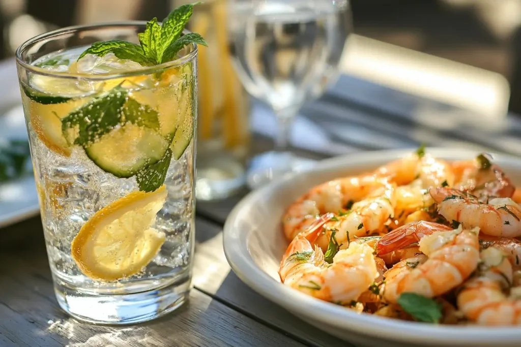 A refreshing glass of lemon and cucumber sparkling water garnished with mint, served next to a plate of garlic shrimp on a sunny outdoor table.