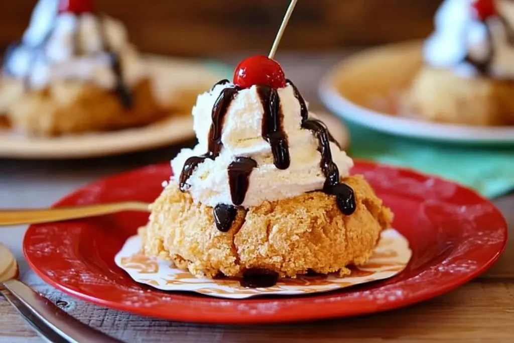 Mexican Fried Ice Cream plated elegantly on a red dish, topped with whipped cream, chocolate syrup, and a cherry for a restaurant-style presentation.