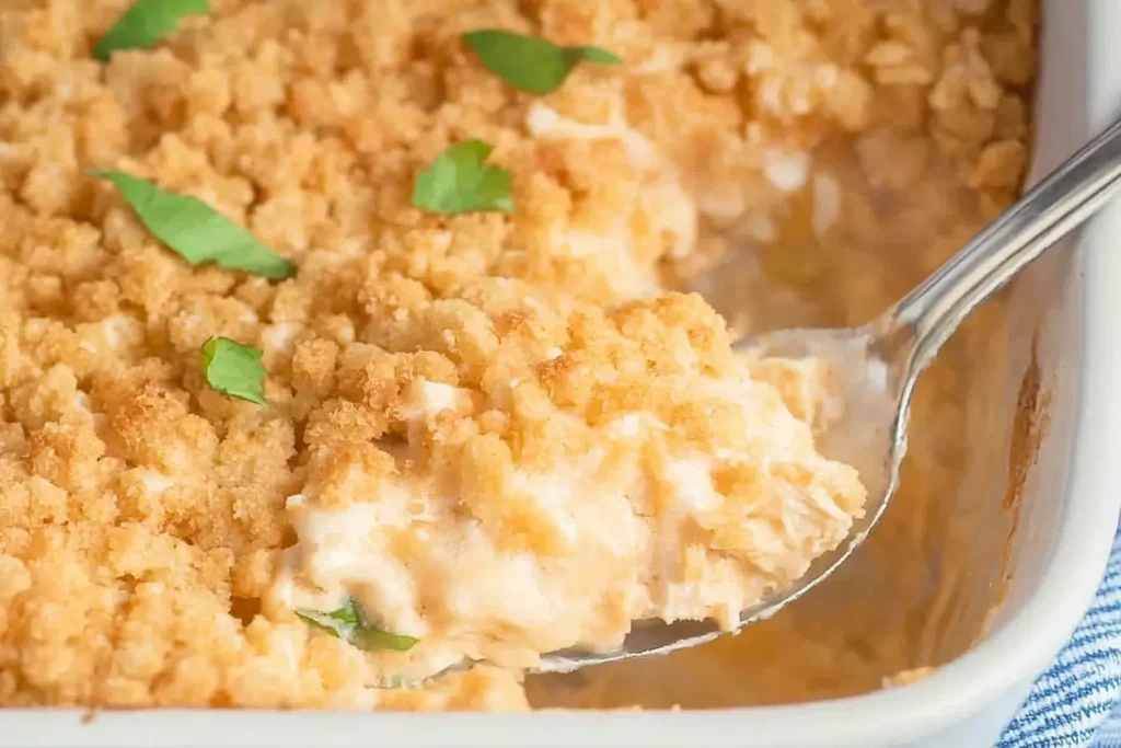 Close-up of Ritz Cracker Chicken Casserole served with a spoon, showing its creamy texture and golden cracker topping garnished with parsley.