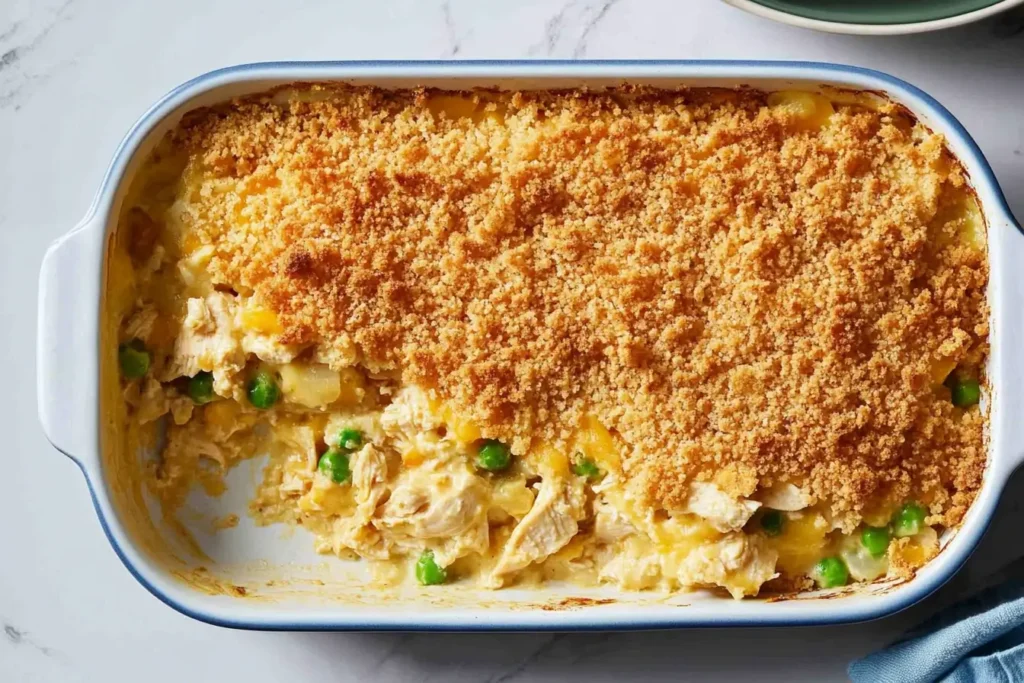 Ritz Cracker Chicken Casserole baked with peas, featuring a golden crumb topping in a white casserole dish on a marble countertop.
